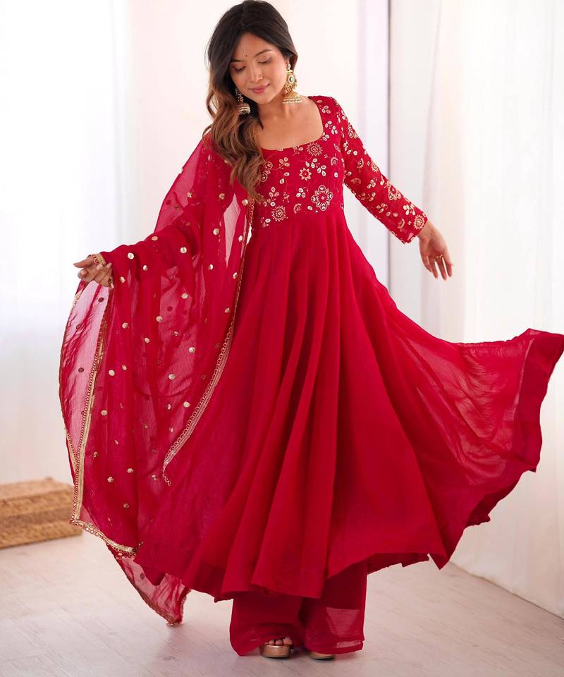 Red silk blend embroidered anarkali suit