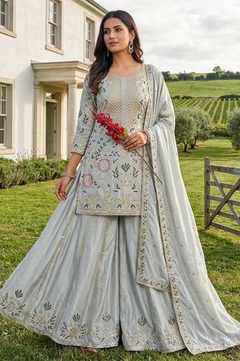 Sky blue silk blend embroidered palazzo set