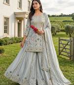 Sky blue silk blend embroidered palazzo set