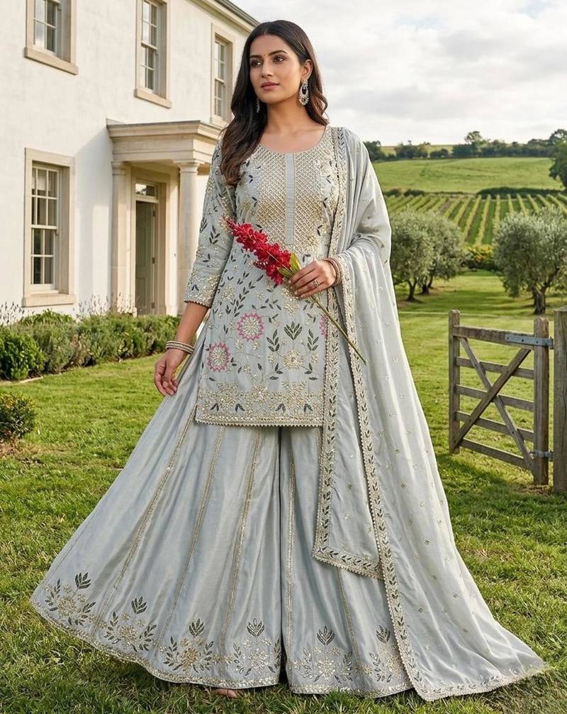 Sky blue silk blend embroidered palazzo set