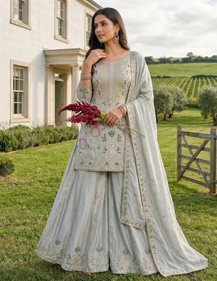 Sky blue silk blend embroidered palazzo set 2