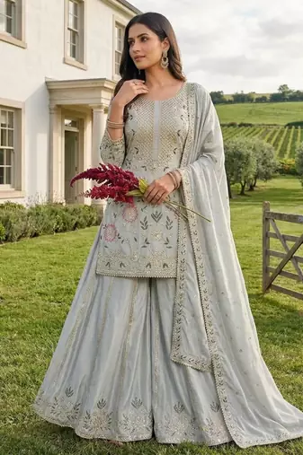 Sky blue silk blend embroidered palazzo set