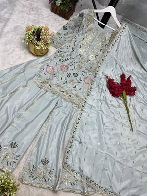 Sky blue silk blend embroidered palazzo set 3