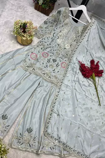 Sky blue silk blend embroidered palazzo set