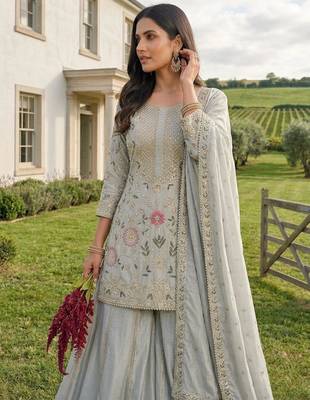 Sky blue silk blend embroidered palazzo set 4