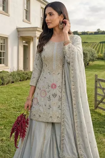 Sky blue silk blend embroidered palazzo set