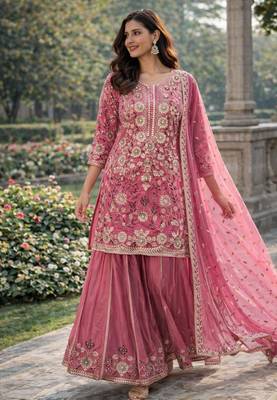 Pink silk blend embroidered palazzo set 1