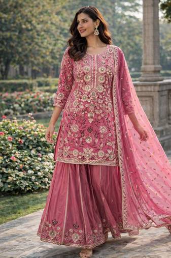 Pink silk blend embroidered palazzo set