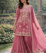 Pink silk blend embroidered palazzo set
