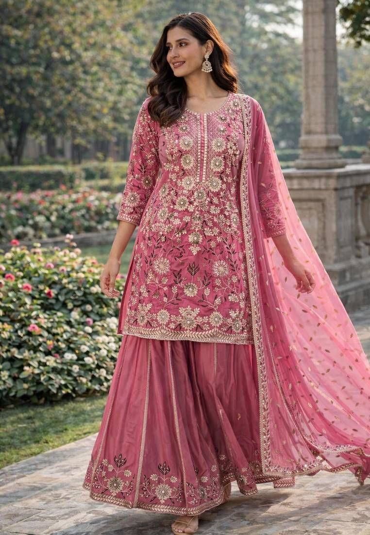 Pink silk blend embroidered palazzo set