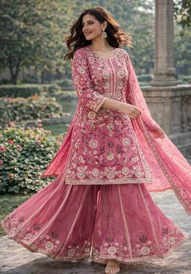 Pink silk blend embroidered palazzo set 2