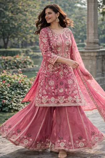 Pink silk blend embroidered palazzo set