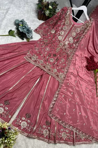 Pink silk blend embroidered palazzo set