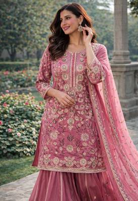 Pink silk blend embroidered palazzo set 4
