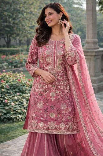 Pink silk blend embroidered palazzo set