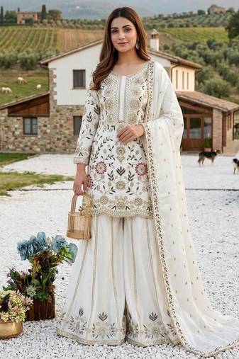 Cream silk blend embroidered palazzo set