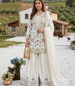 Cream silk blend embroidered palazzo set