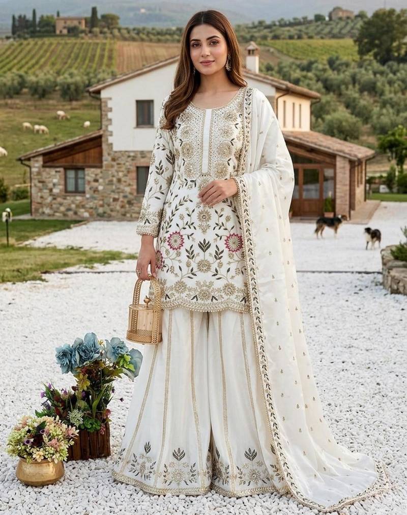 Cream silk blend embroidered palazzo set
