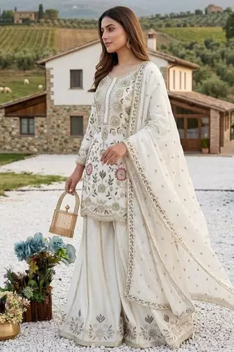 Cream silk blend embroidered palazzo set