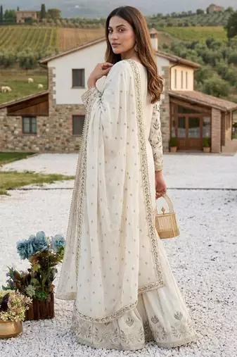Cream silk blend embroidered palazzo set
