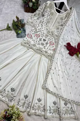 Cream silk blend embroidered palazzo set