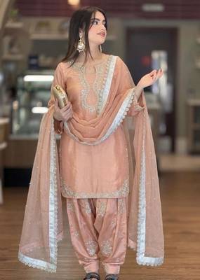Beige silk blend embroidered FARSHI SALWAR set 1