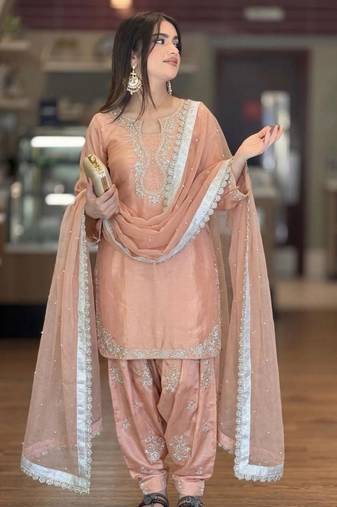 Beige silk blend embroidered FARSHI SALWAR set