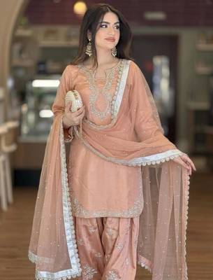 Beige silk blend embroidered FARSHI SALWAR set 2