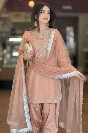 Beige silk blend embroidered FARSHI SALWAR set