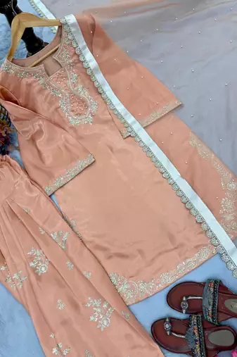 Beige silk blend embroidered FARSHI SALWAR set