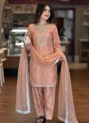 Beige silk blend embroidered FARSHI SALWAR set 4