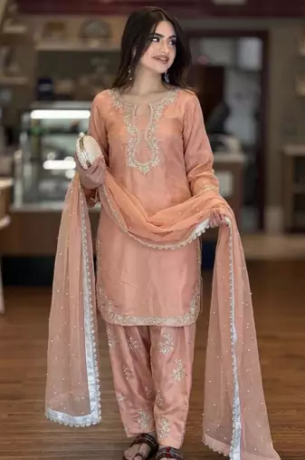 Beige silk blend embroidered FARSHI SALWAR set