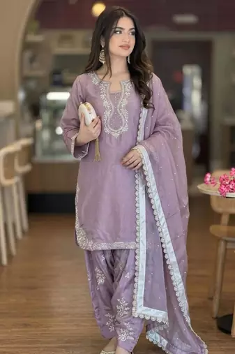 Lavender silk blend embroidered FARSHI SALWAR KAMEEZ 