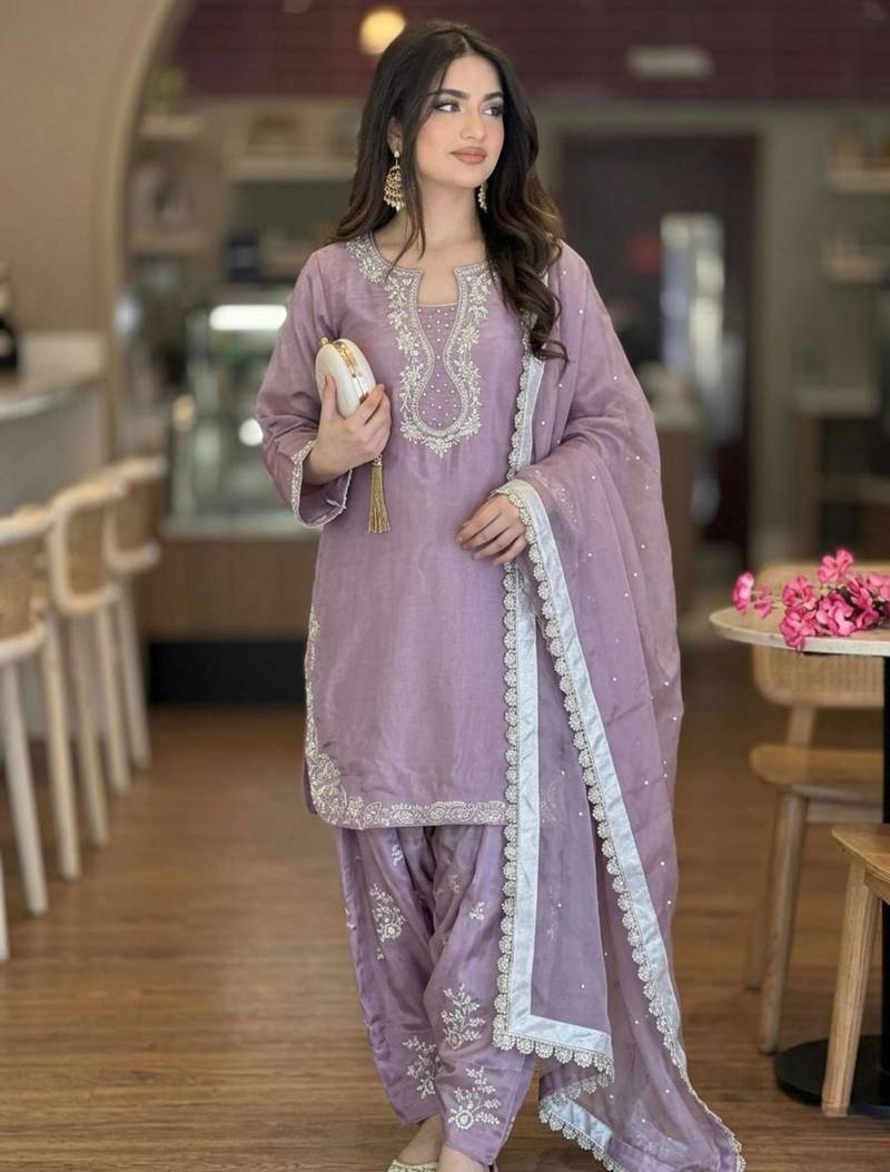 Lavender silk blend embroidered FARSHI SALWAR KAMEEZ 