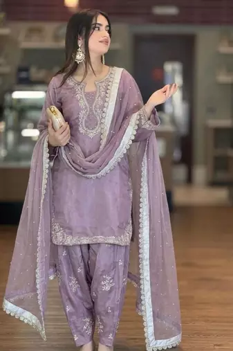 Lavender silk blend embroidered FARSHI SALWAR KAMEEZ 