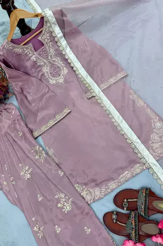 Lavender silk blend embroidered FARSHI SALWAR KAMEEZ 