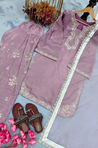 Lavender silk blend embroidered FARSHI SALWAR KAMEEZ 