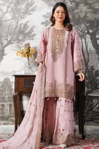 Pink silk blend embroidered sharara set
