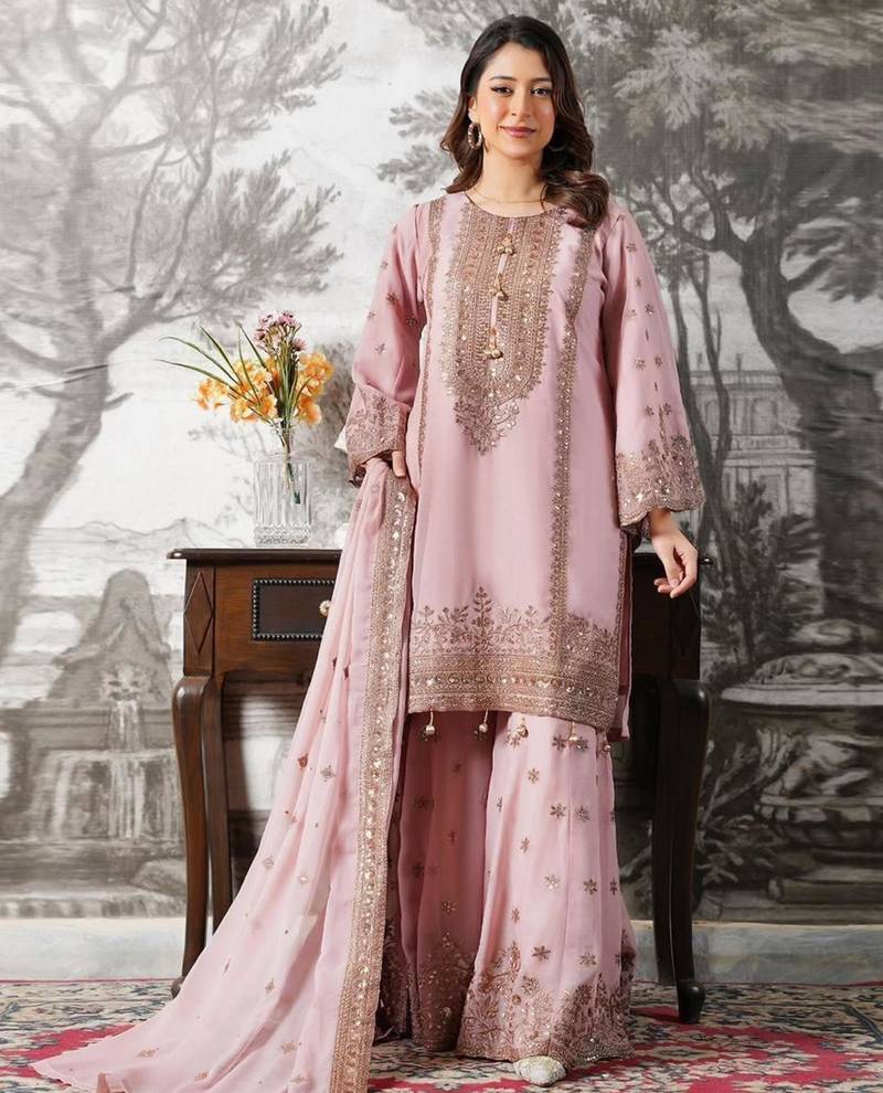 Pink silk blend embroidered sharara set