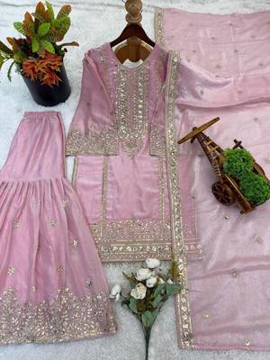 Pink silk blend embroidered sharara set 4