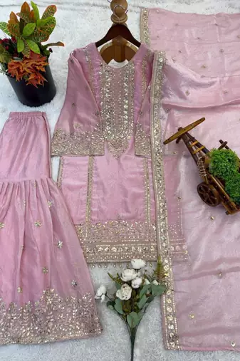 Pink silk blend embroidered sharara set