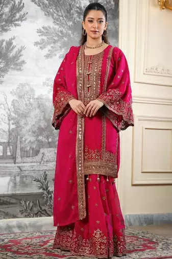 Red silk blend embroidered sharara set