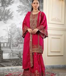 Red silk blend embroidered sharara set