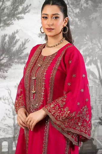 Red silk blend embroidered sharara set
