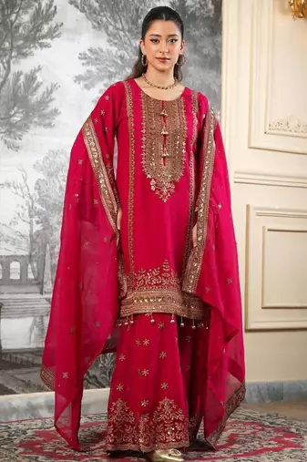Red silk blend embroidered sharara set