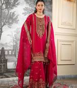 Red silk blend embroidered sharara set
