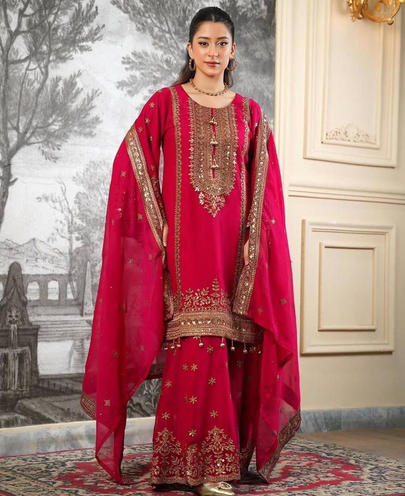 Red silk blend embroidered sharara set
