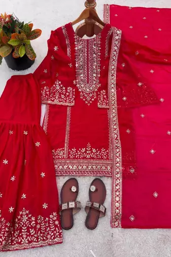 Red silk blend embroidered sharara set