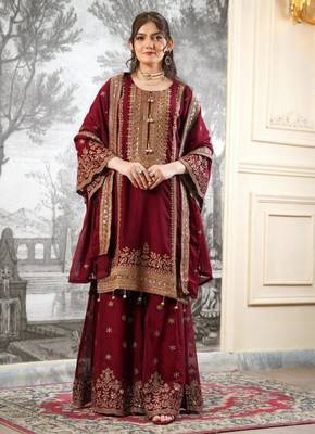 Maroon silk blend embroidered sharara set 1