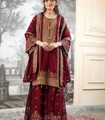 Maroon silk blend embroidered sharara set